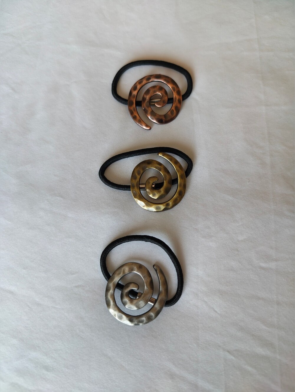 Set Of Three Spiral Hammered Metal Hair Tie - Brown, Gold, Silver